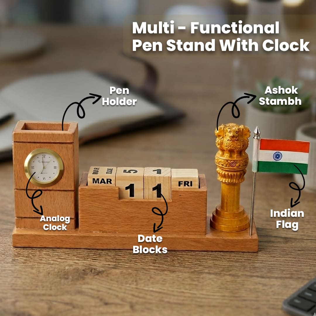 1782716334_Ashoka Stambh Wooden Desk Organizer with Clock & Calendar- 1